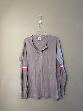 Victoria Secret pink Long Sleeve Henley Top with Pink Stripe Accents SZ L